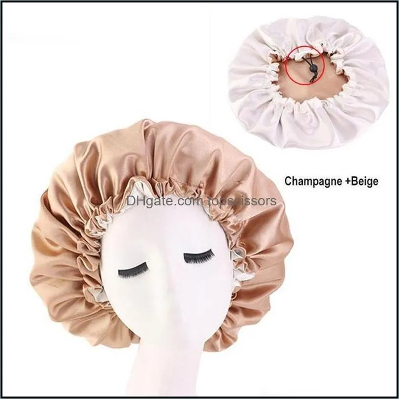 Solid Women Satin Big Bonnet for Lady Sleep Cap Headwrap Hat Hair Wrap Accessories with Adjustable Button 10pcs