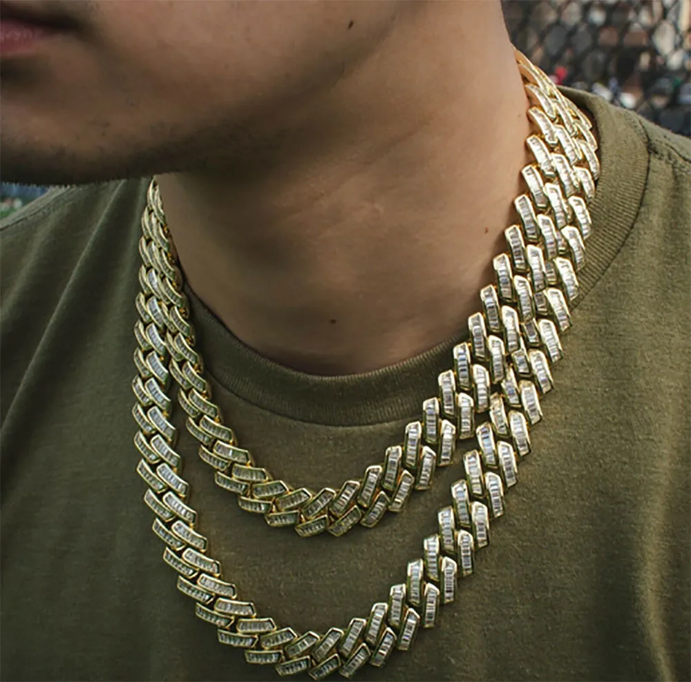 16mm Baguette Pradze Cuban Link Naszyjnik AAA + CZ Lód Out Hop Hip Chain Diamond Cubic Cyrkon Biżuteria 16 cali - 24