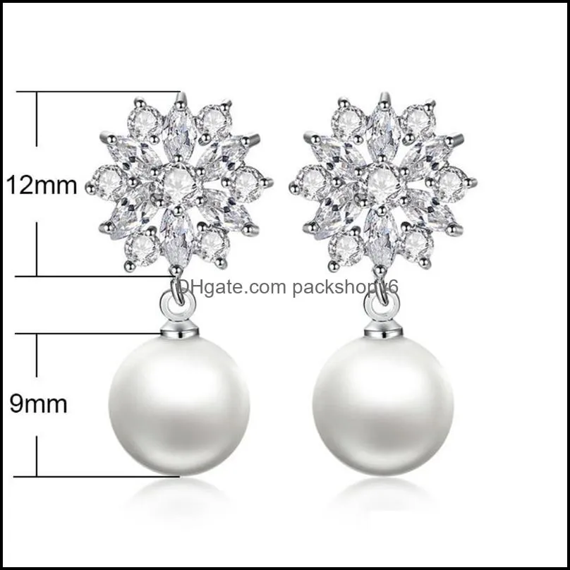 delicate earrings with clear snowflake design simulated pearl cubic zirconia fashionable wedding drop for women dangle & chandelier