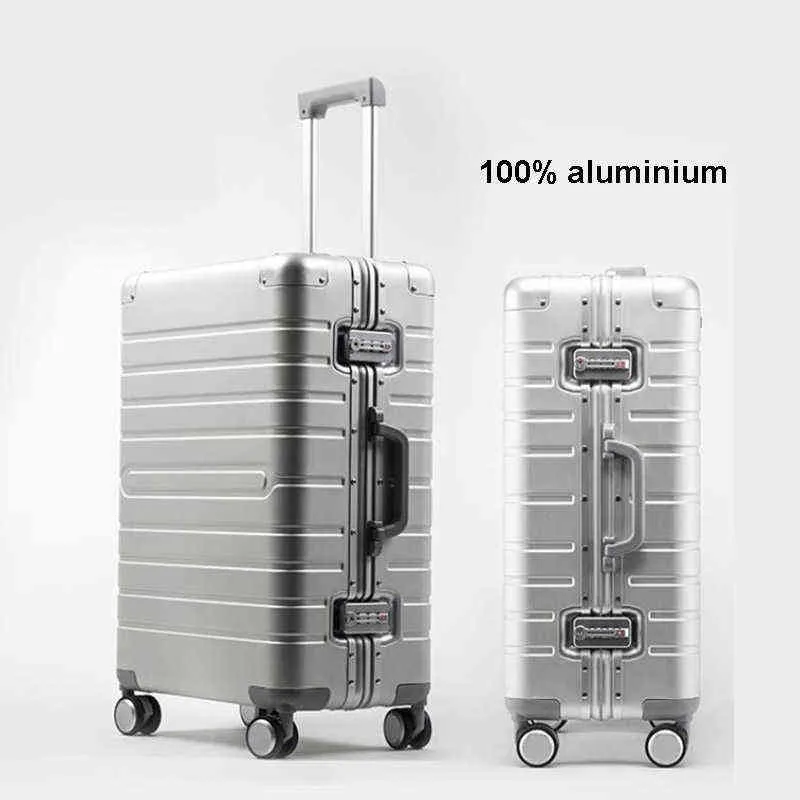 レイナセン安いアルミニウムトラベルスーツケースバッグロックスピナービジネストロリーケースJ220707