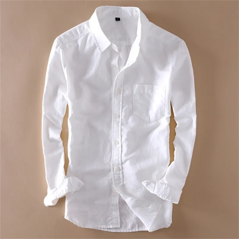 Coton Hommes Lin Blanc Chemise À Manches Longues Col Rabattu Homme Chemises Tops Été 2020 Élégant Solide Streetwear Vêtements Homme LJ200925