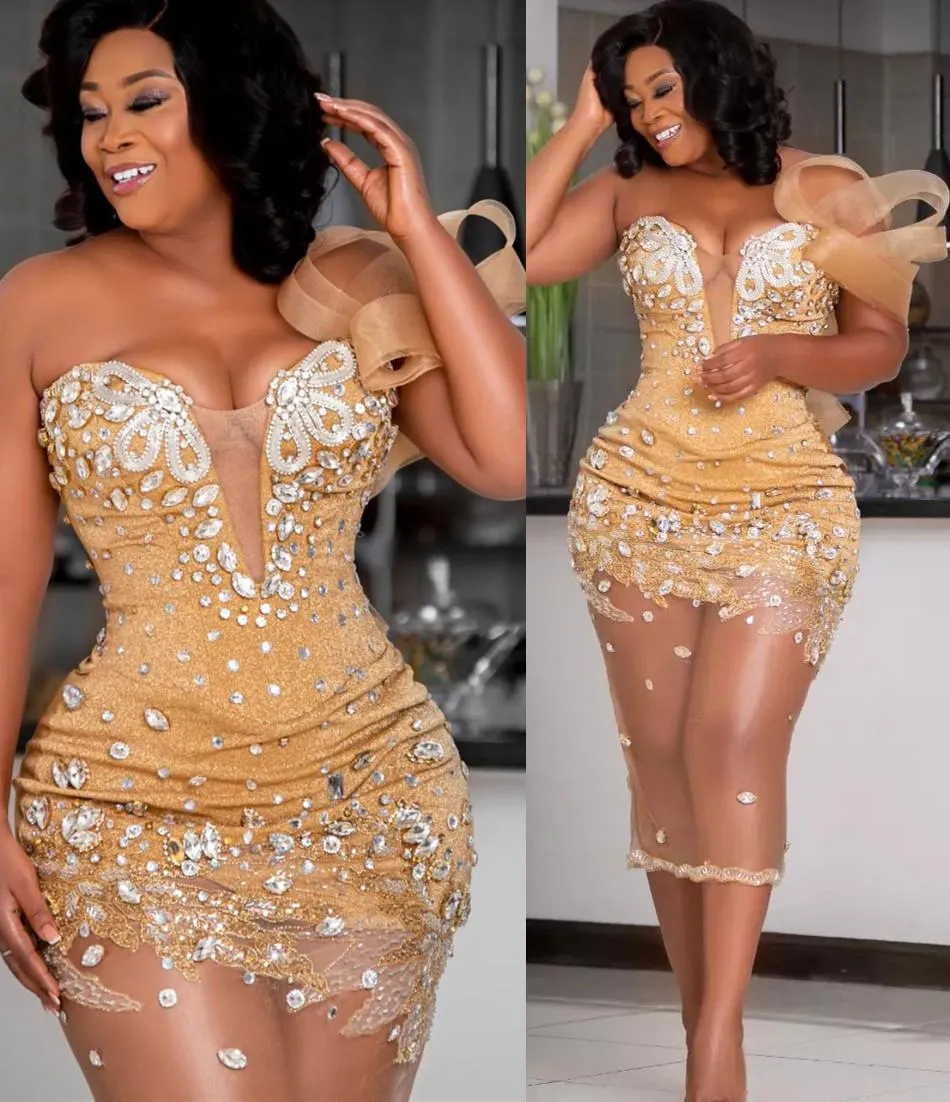 2022 Plus Size Arabo Aso Ebi Oro Lussuoso Guaina Abiti da ballo Cristalli di perline Sera Festa formale Secondo ricevimento Compleanno Abiti di fidanzamento Abito