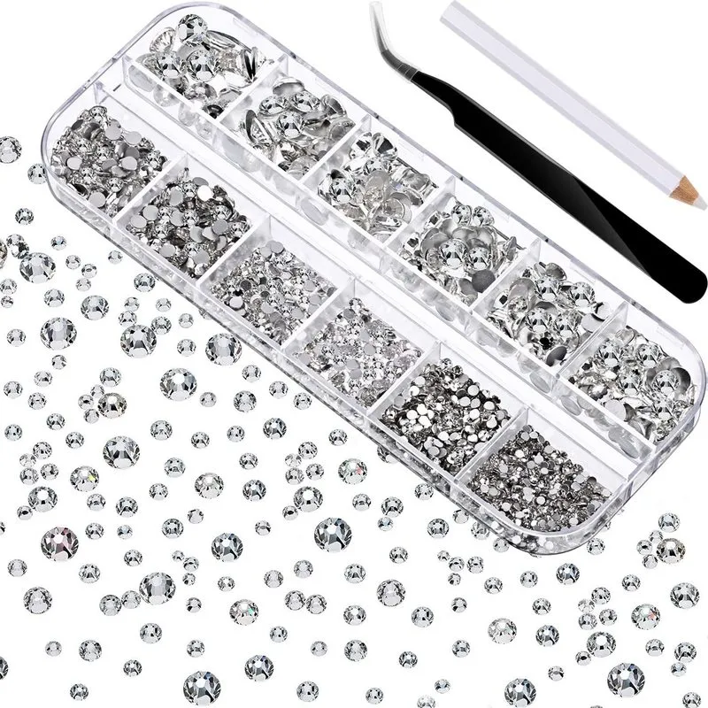 2000pcs Flat AB Crystal Rhinestones Gems Nail Art Decorations with Tweezer och Dotting Pennor Manikyr Nagelturer för hantverk ansikte