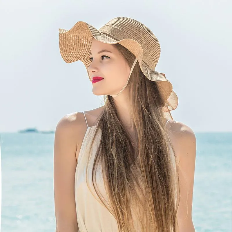 Wide Brim Hats Lady Bowknot Straw Hat Summer Foldable Beach Cap Seaside Anti UV Sun Visor Simple Edge Sunshade Vacation AccessoryWide WideWi