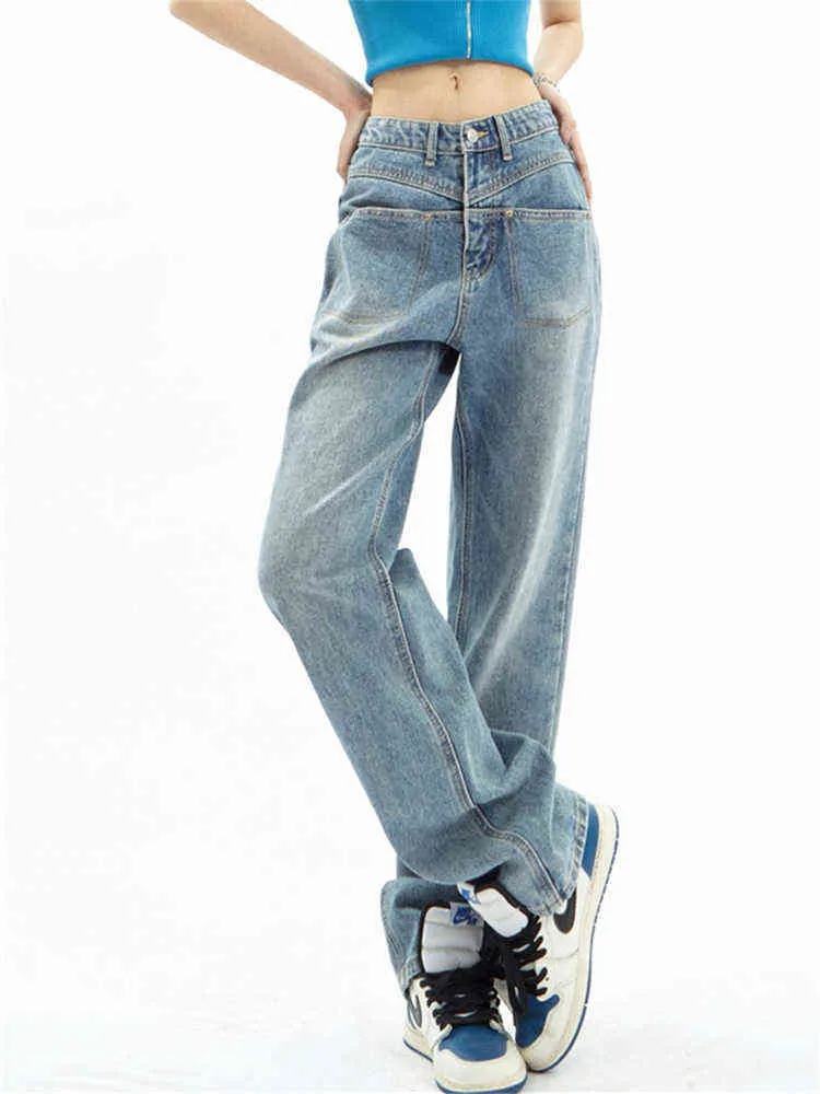 Projekt szwu w talii proste dżinsy wiosenne retro hip -hopowe cienkie mopowe spodnie neutralne spodnie dżinsowe żeńskie dżinsowe spodnie T220728