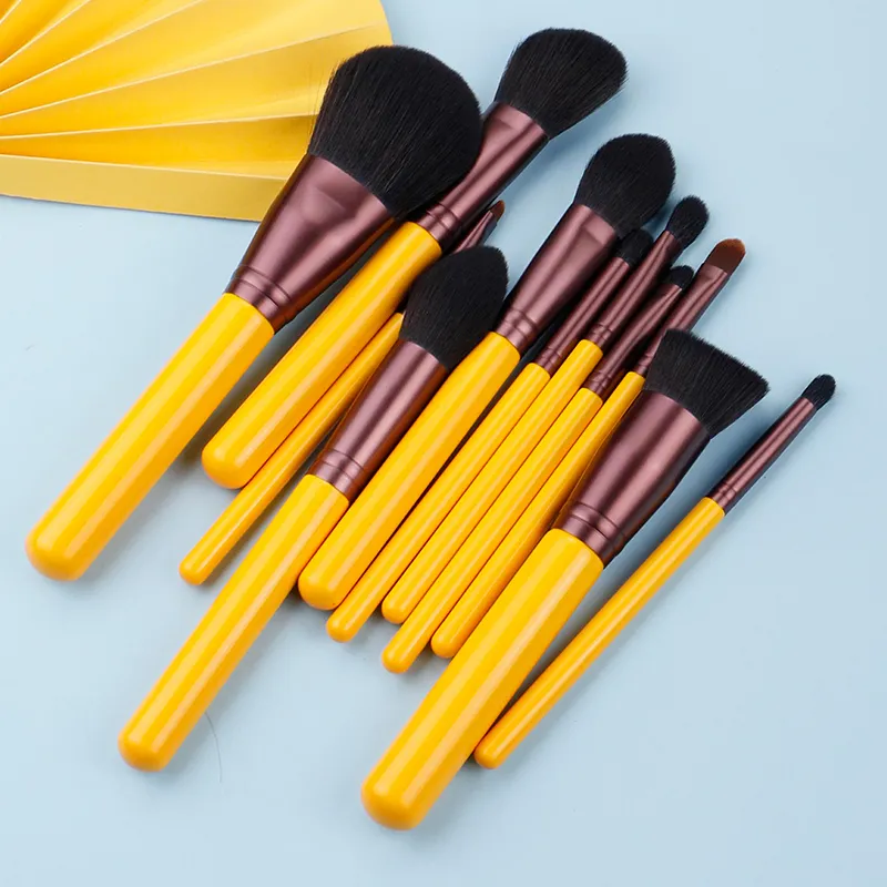 Pinceau de maquillage-série jaune 11 pièces ensemble de pinceaux à cheveux synthétiques-stylo cosmétique faceeye-cheveux artificiels-beauté-outil débutant