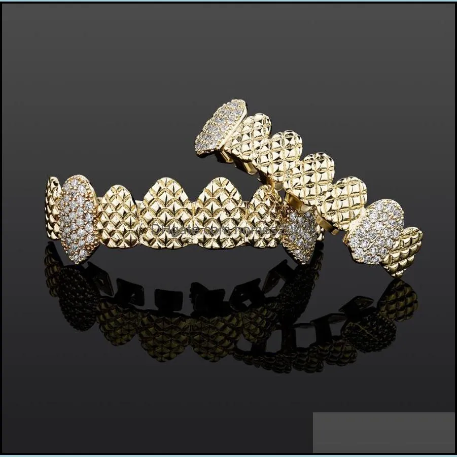 Embossed Smooth Canine Zirconium Hip Hop Teeth Grill All Iced Out CZ Stone Men Women`s Top&Bottom Grills Set