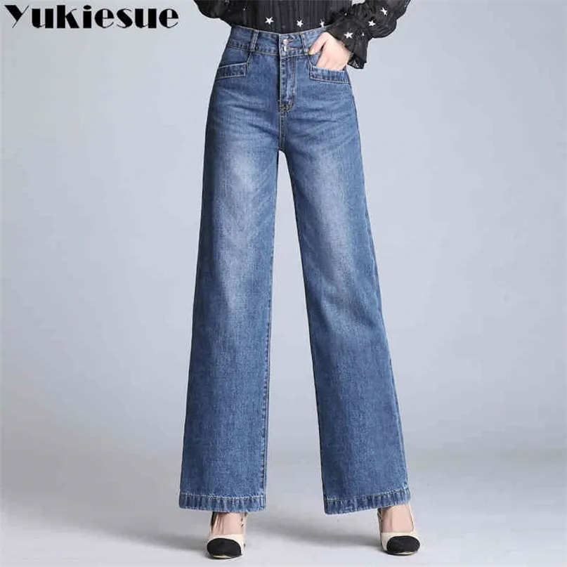 Breda ben jeans för kvinnor med hög midja rippad pojkvän jeans kvinna ol löst raka flare jeans kvinnliga jemme plus storlek 210412