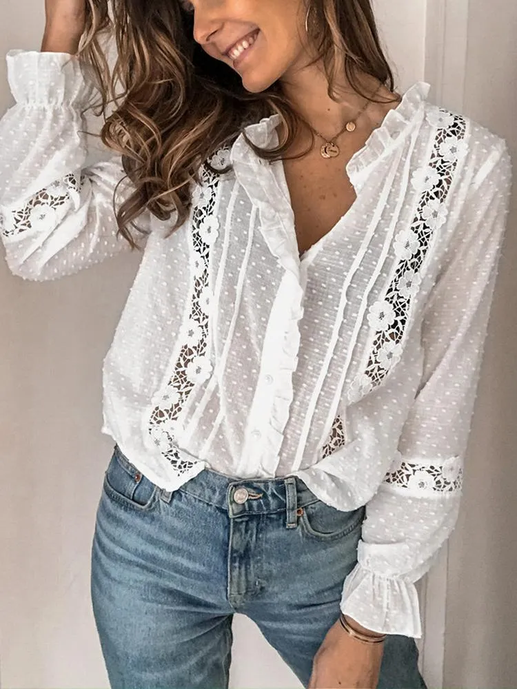 Blouses Femmes Chemises BerryGo Été Floral Coton Blanc Blouse Vintage Creux Out Femme Bureau Dames Tops Casual Dentelle À Manches Longues