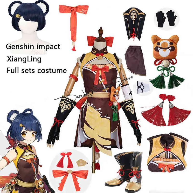 Genshin Impact Xiangling Cosplay Come Chefkoch Outfit Halloween Party Xiang Ling Cosplay Perücke Schuhe Bär Anime Sexy Kleid XXL Y220516