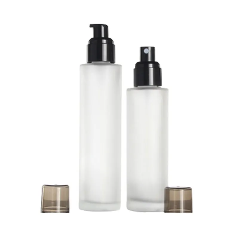 Verpackung: Forsted-Glasflasche, schwarze Lotion, Spary-Pumpe mit klarem schwarzen Deckel, tragbarer, nachfüllbarer Kosmetikverpackungsbehälter, 20 ml, 30 ml, 40 ml, 60 ml, 80 ml, 100 ml, 120 ml