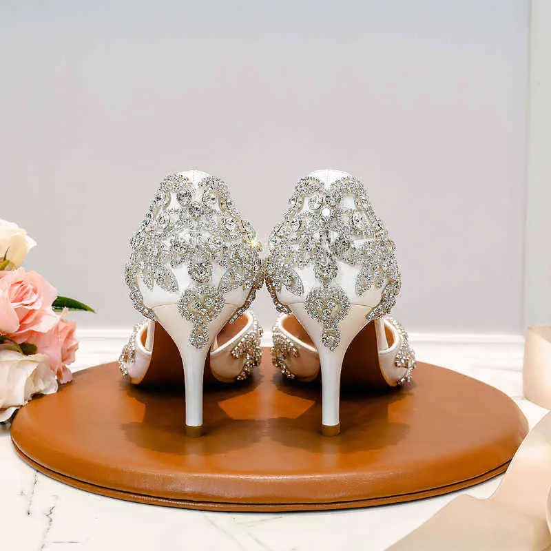 European and American white high heels fashion dress women`s shoes wedding high heels hollow pointed rhinestone chain sandals W220323