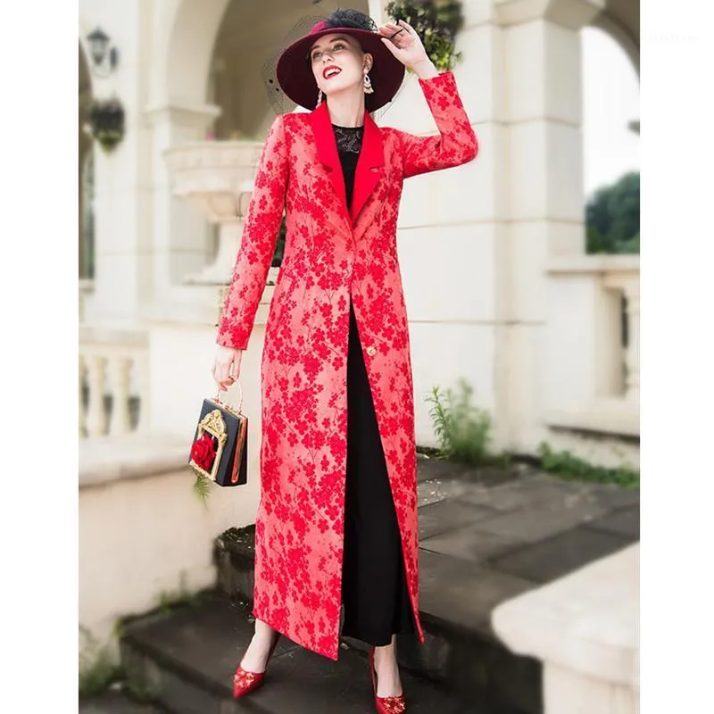 Trench de trincheira feminina Mulheres Coat 2022 Lady Red Red Burn Down Collar Collar Elegant Formal Autumn Winter Jacquard X-Long sobretudo plus size m-4xl