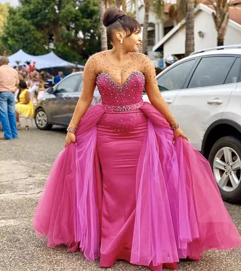 Hot Pink Plus Size Prom Dresses For Black Girls 2022 Long Sleeve Beaded Pearls Mermaid Evening Gowns With Overskirt Formal Wear Luxury African Dubai