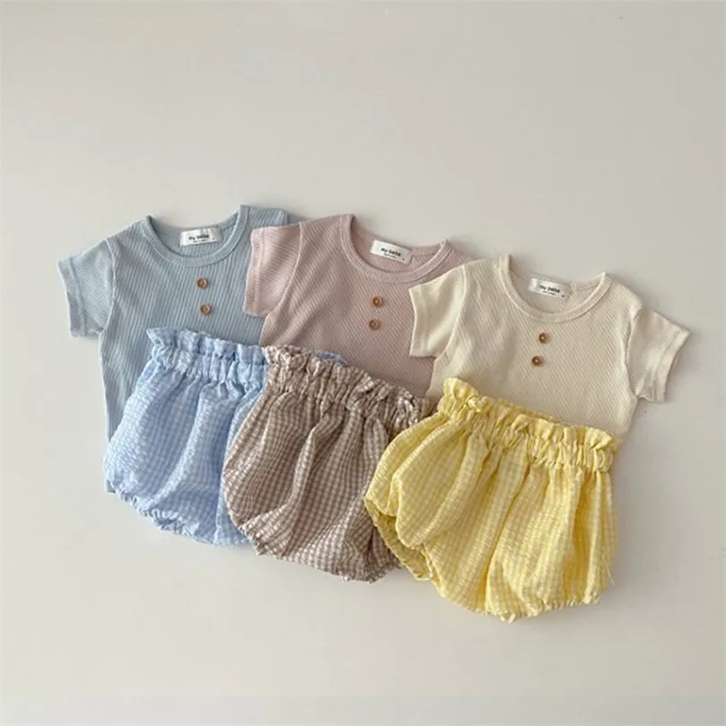 Melario Summer Brill Baby Short Sleeve Ubrania niemowlęta dziewczyna solidna koszulka + kratki garnitur maluch chłopiec 220507