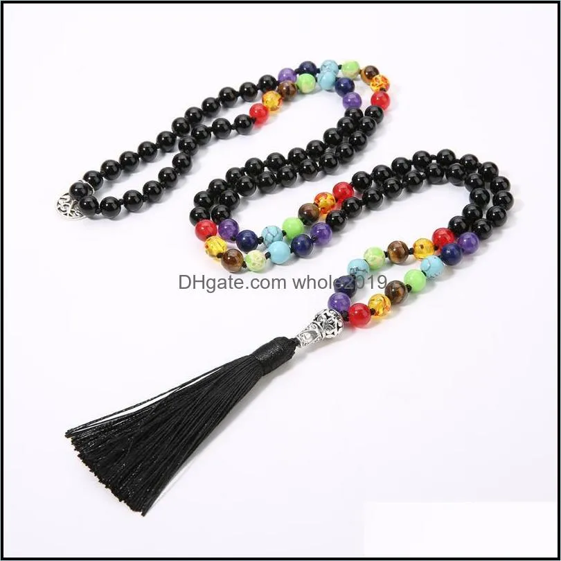 pendant necklaces oaiite 7 chakra natural stone hand knotted necklace black onyx beads mala yoga spiritual jewelry with tree of life