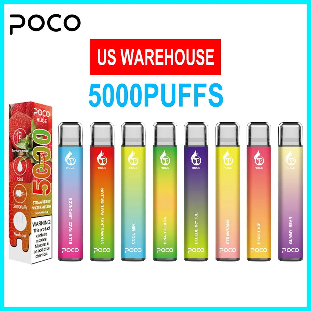 미국 창고 5000 퍼프 전자 담배 원래 메쉬 코일 Poco 거대한 일회용 Vape 펜 충전식 15ML 8 색 장치 최신 증기 펜