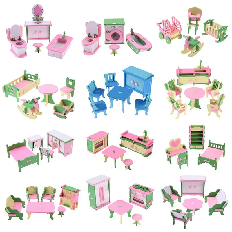 Simulation Miniature Wooden Furniture Toys Dolls Kids Baby Room Play Creative Furniture DollHouse Wood Furniture Set For Dolls