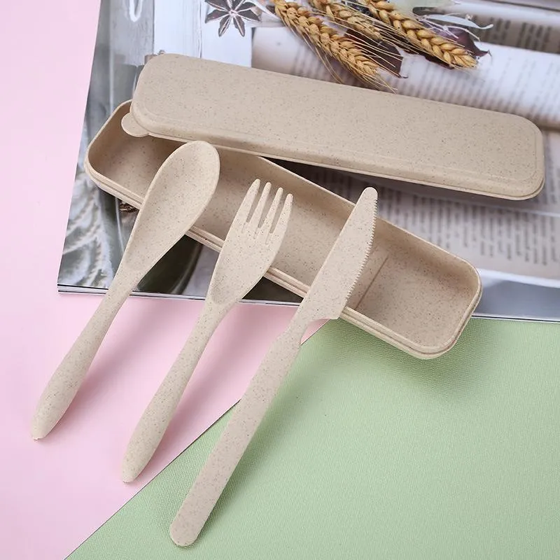 Wheat Straw Knife Fork Spoon Set Student Portable Tableware Box Cake Dessert Spoons Fruit Forks Travel Tableware BH6160 TYJ