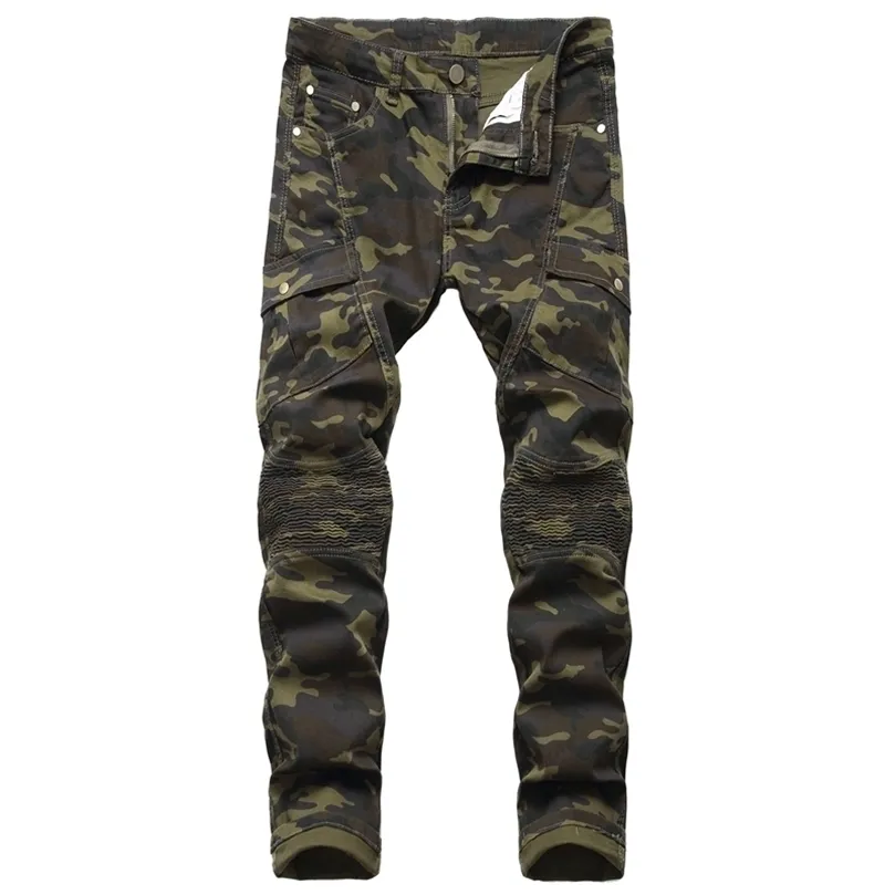 Jeans Hommes Biker Stretched Camouflage Jeans Streetwear avec plissé Joggers Slim Jean Hommes Pantalon rayé Pantalones Hombre 201128