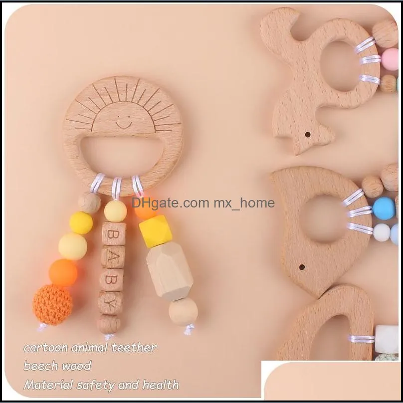 baby teethers toys natural wooden silicone teething beads teether newborn teeth practice food grade soother infant feeding cartoon animals kids chew toy