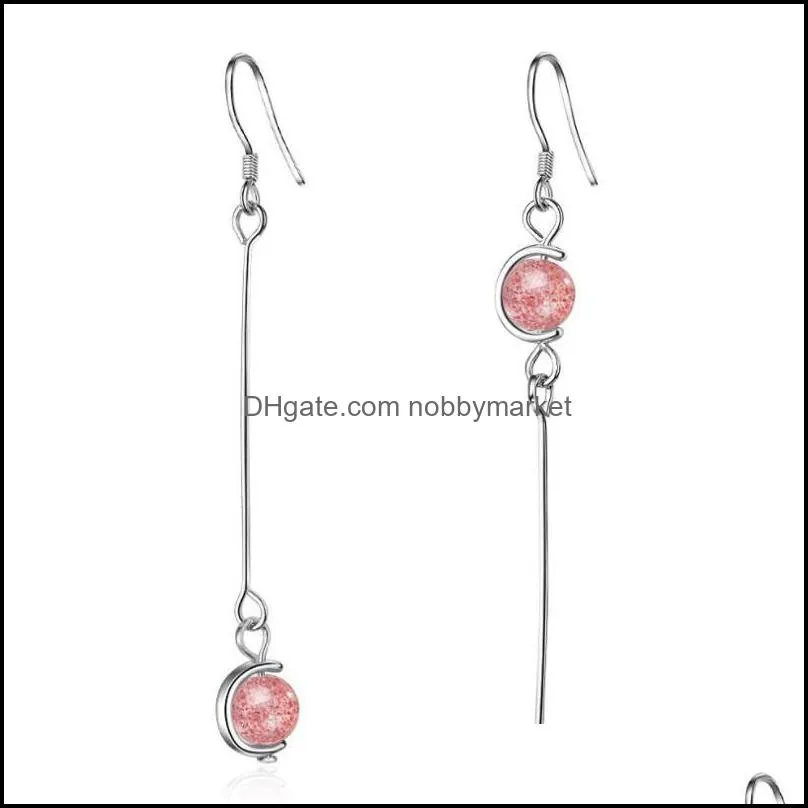 Fashion 925 Silver Earrings For Women Small  Pink Strawberry Crystal Asymmetric Earring Moonstone Ear Drop Jewelry Dangle &