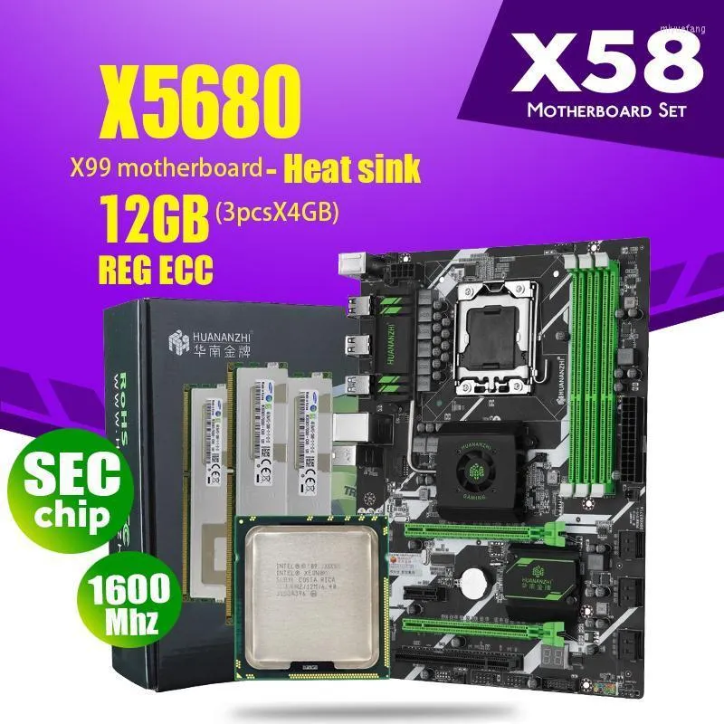 마더 보드 X58 마더 보드 LGA1366 콤보 X5680 CPU 3PCS X 4GB 12GB DDR3 RAM 1600MHZ PC3 12800R 방열판 싱크 모더 보드