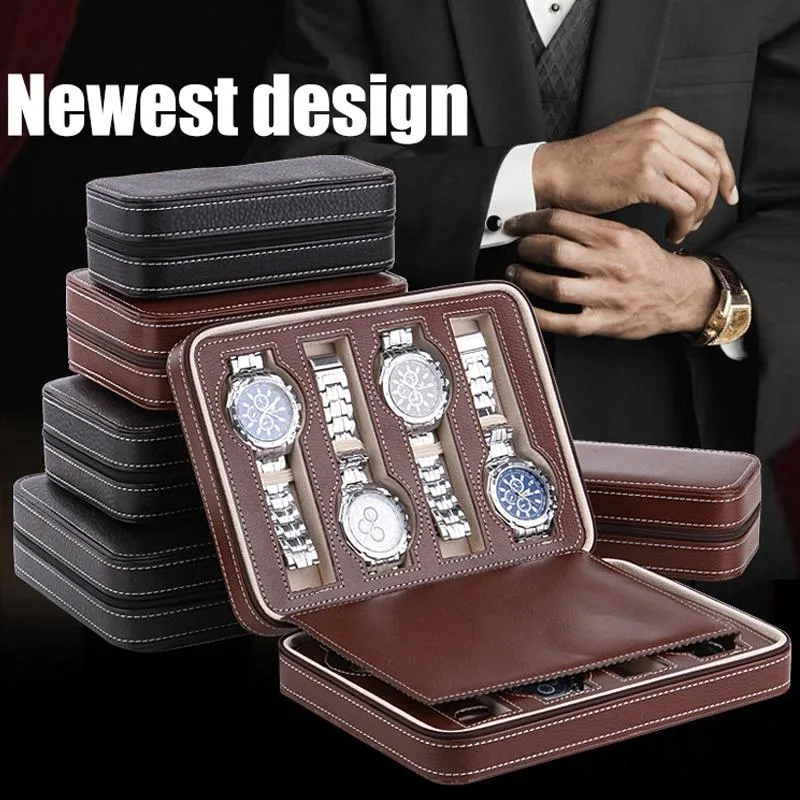 Watch Boxes & Cases Sight Focus 2 4 8 Grids Travel Organizer Box Zipper PU Leather Case Protable Storage Wristwatch Holder Black Coffee