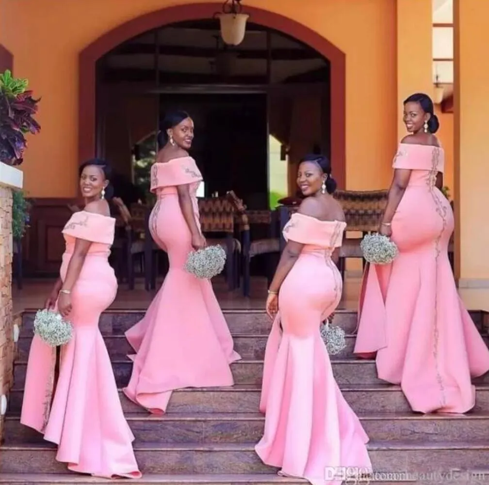 2022 Nigerian African Arabic Pink Mermaid Bridesmaid Dresses Off Shoulder Floor Length Maid of Honor Gowns Split Evening Dresses Plus Size B0324 BM1613