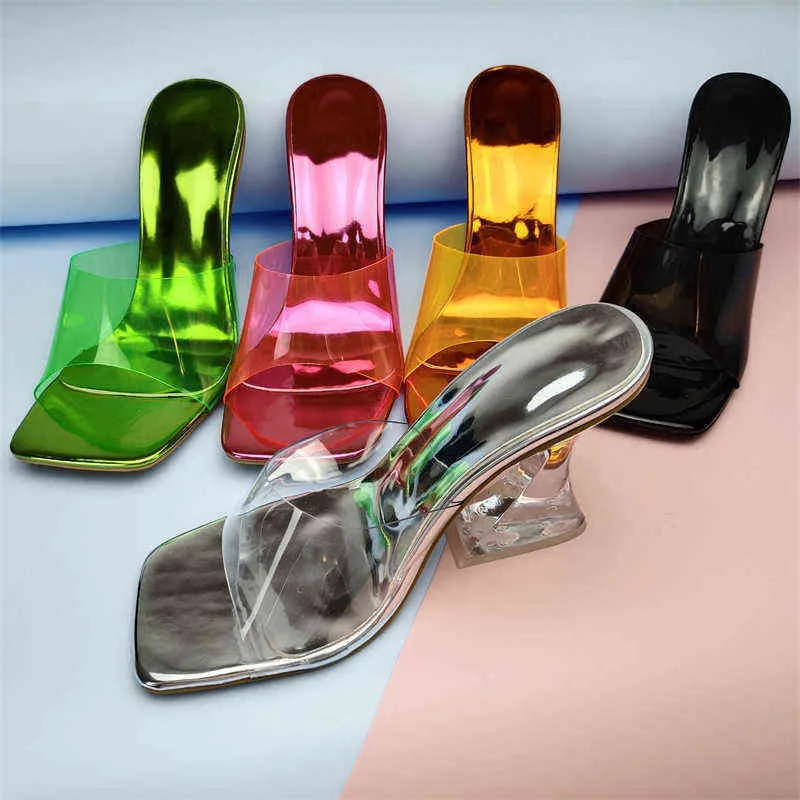 Sandalias de tacón de cristal de color a la moda, zapatos de mujer para mujer, color de tacón transparente