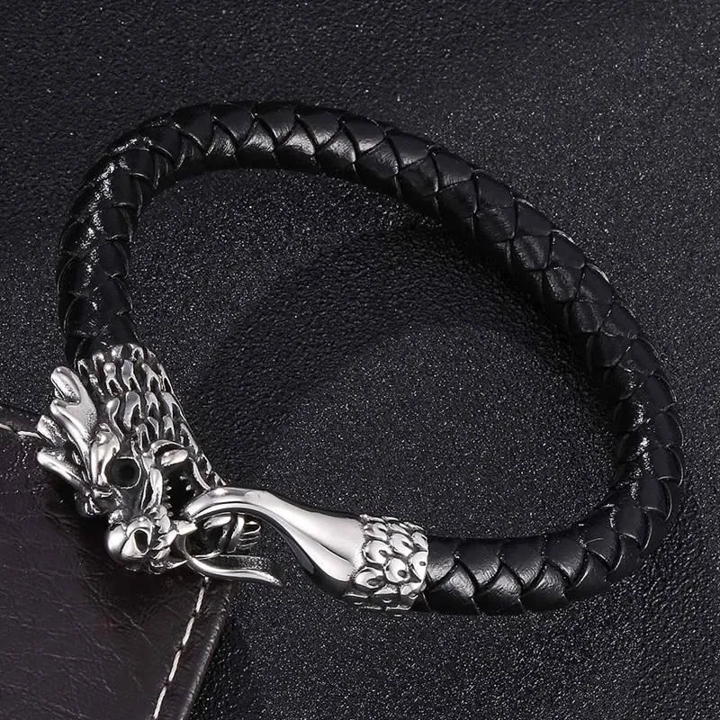 Charm Bracelets Punk Jewelry Round Rope Weaving Men Leather Bracelet Stainless Steel Fashion Vintage Dragon Head Accessories BB0391Charm