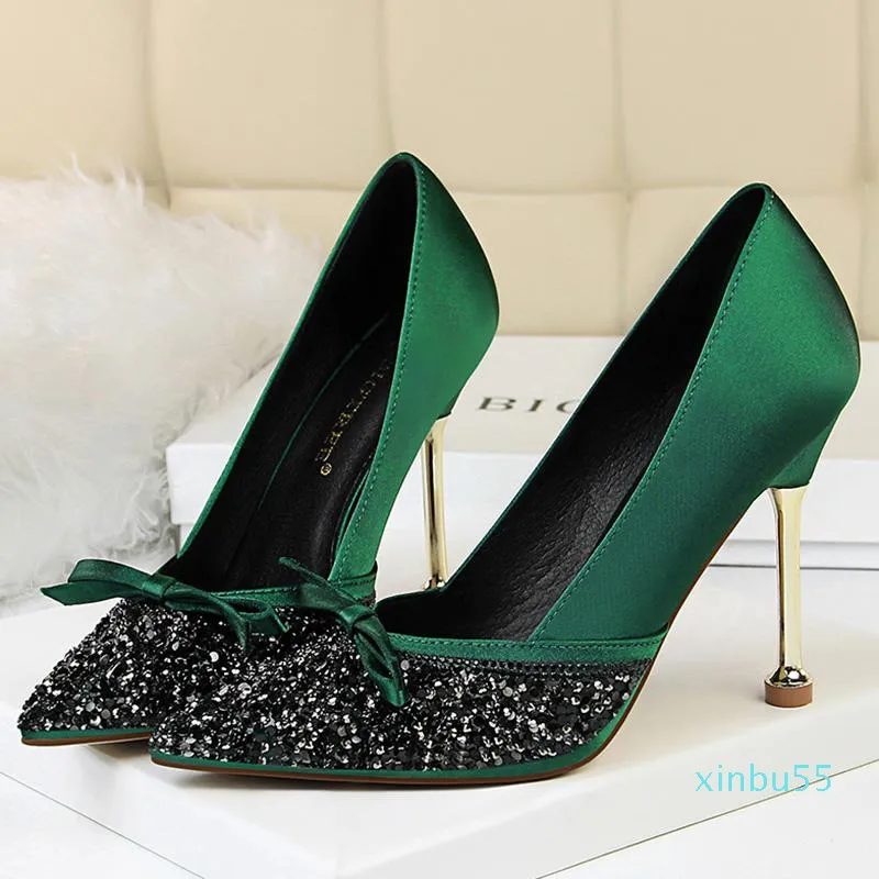 Dress Shoes Women 10cm High Heels Lady Sequins Satin Bowknot Pumps Female Green Party Burgundy Glitter