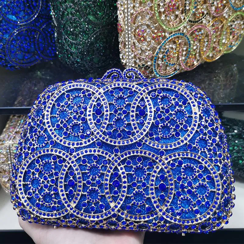이브닝 가방 Xiyuan 실버 메탈 블루 라인 스톤 서클 형태 가방 수정 클러치 파티 파티 다이아몬드 클러치 보석 웨딩 지갑
