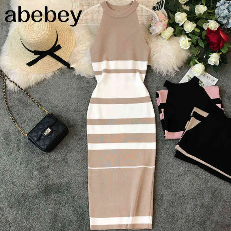 2022 summer women's hanging neck knit long dress round neck stripes hit color waist slim ming knit long dress office lady Y220413