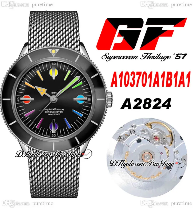 Superocean Heritage II A103701A1B1A1 A2824 Automatisk herrklocka 42 keramisk Bezel Black Dial Colors Markers Rostfritt stål Mesh Armele Super Edition Puretime D4