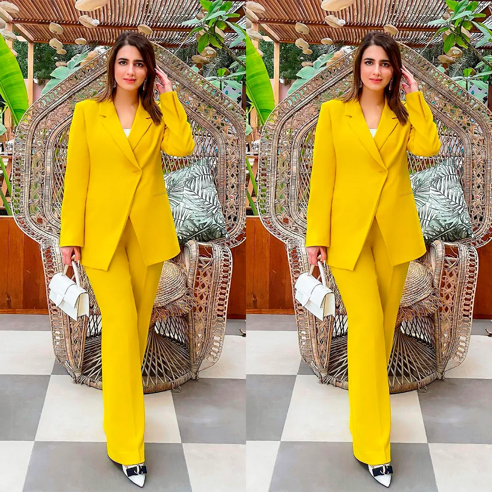 Mode d'été jaune femmes Blazer costumes puissance loisirs lâche soirée Robe de soirée tenue de mariage porter 2 pièces