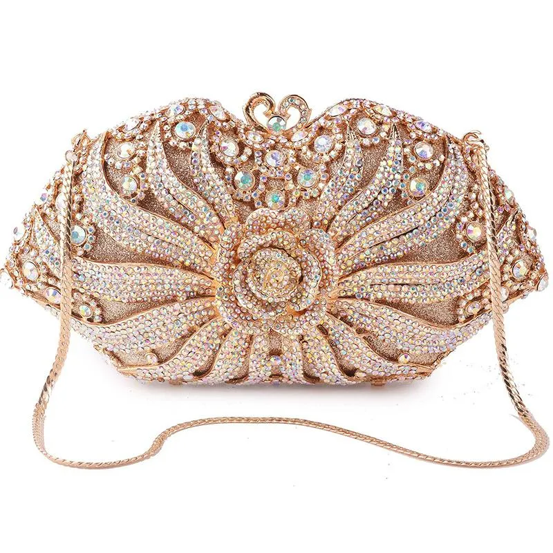 Evening Bags Luxury AB Women Clutch Gold Metal Rhinestone Clutches Purses Ladies 50cm Chain Party Dinner Bag