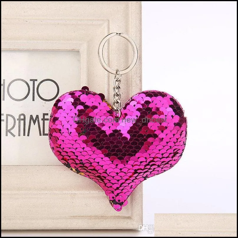 Fish Scale Sequin Love Heart Keychain Key Ring Holders Bag hang Fashion Jewelry