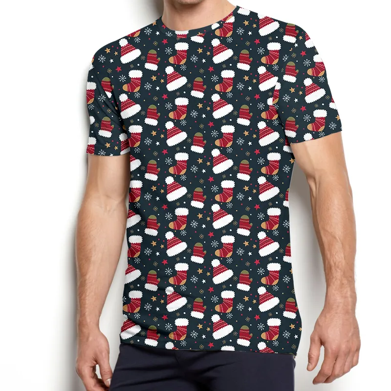 3D Meias de Natal Impresso Camiseta Mens Oneck Camiseta Verão Qualidade Floco de Neve Manga Curta Confortável Respirável Top 5XL 220623