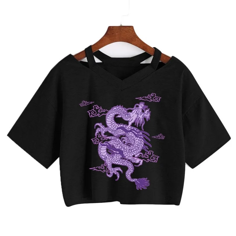 Frau T -Shirts Harajuku Dragon Kpop Ropa Y2K Crop Tops ästhetischer Vintage Femme Vneck Tops Korean Punk Streetwear Gothic Tee 220527