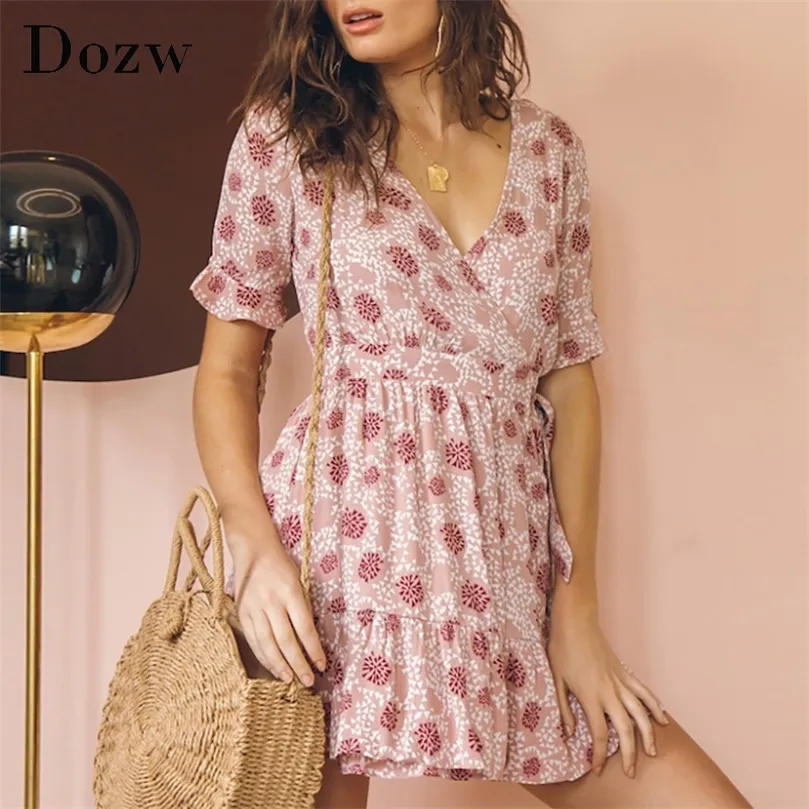 V Neck Printed Dress Summer Casual Butterfly Short Sleeve A Line Dress Women Bandage Mini Beach Dress Sundress Vestidos 220511