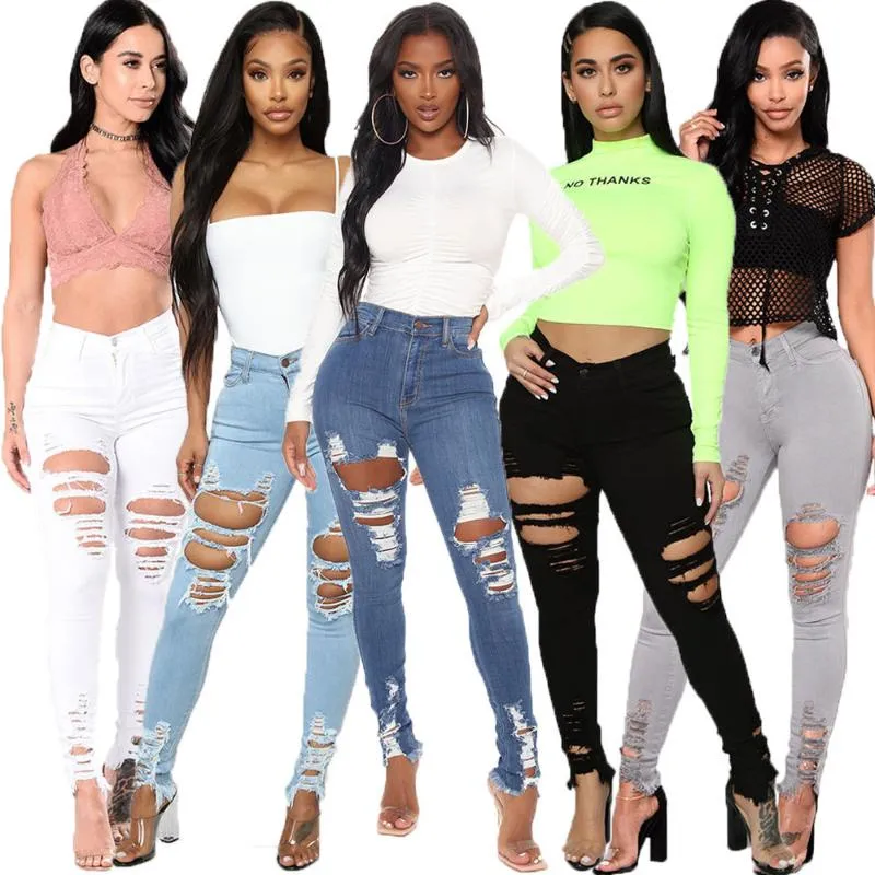 Dames jeans Elastische Hight Hollow Out Ripped voor Dames Mode Hoge Taille Push Up Potlood Legging Streetwear Vrouwelijke Bodycon Denim Broek