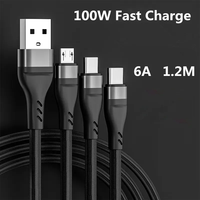 3 в 1 кабели быстрого зарядки 6A 100W Тип C USBC USB-C Micro Cable Chargers Cord 1,2 м для смартфона