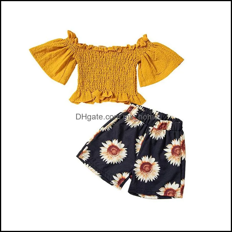 kids clothing sets girls outfits children ruffle off shoulder tops sunflower shorts 2pcs/set summer fashion baby clothes z6254