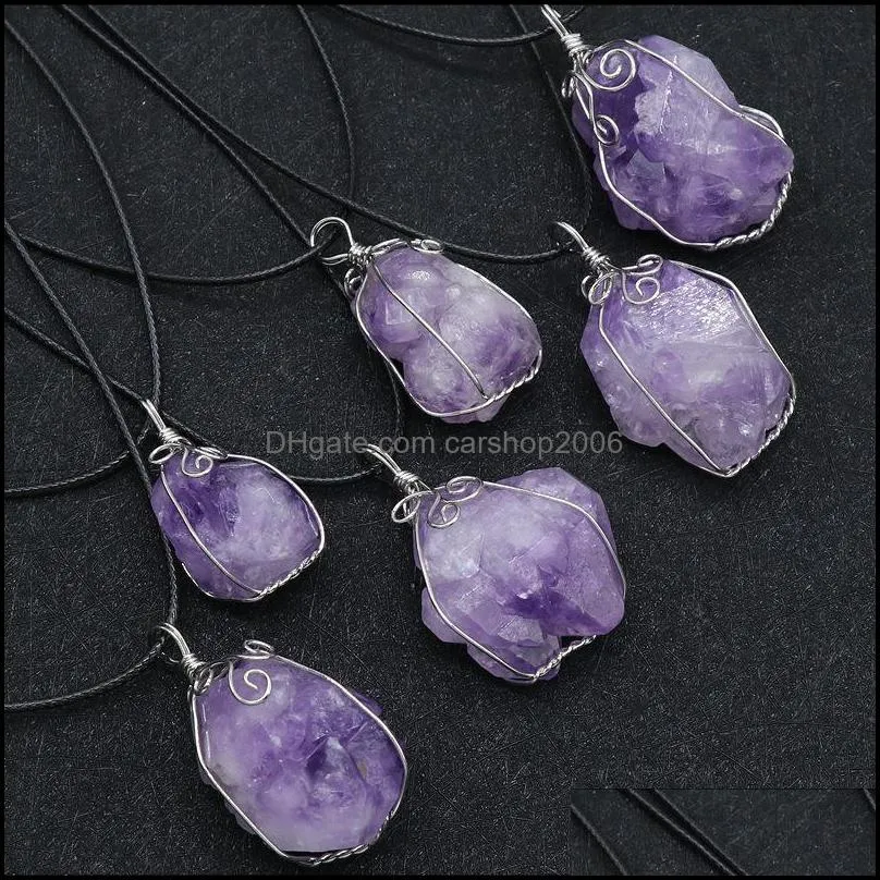 fashion natural stone wire wrapping irregular amethyst crystal pendant necklace for women jewelry carshop2006