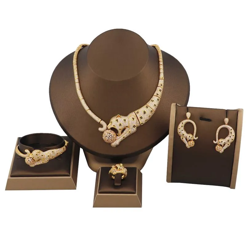 Kolczyki Naszyjnik moda luksus wysokiej jakości bransoletka lamparta pierścień czteroczęściowy zestaw biżuterii rocznicowy