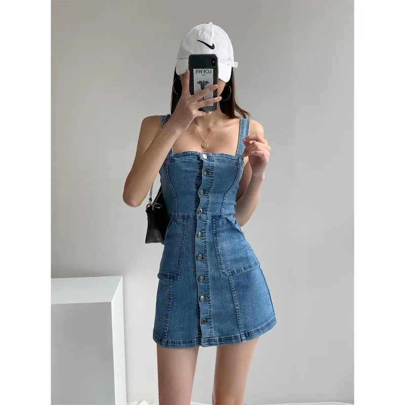 Korean Summer Womens Blue Jeans Denim Dress For Women With Side Button And  Suspender Midi Loose Fit, Available In Large Sizes Up To 5XL From  Sunshineavenue36518, $23.53