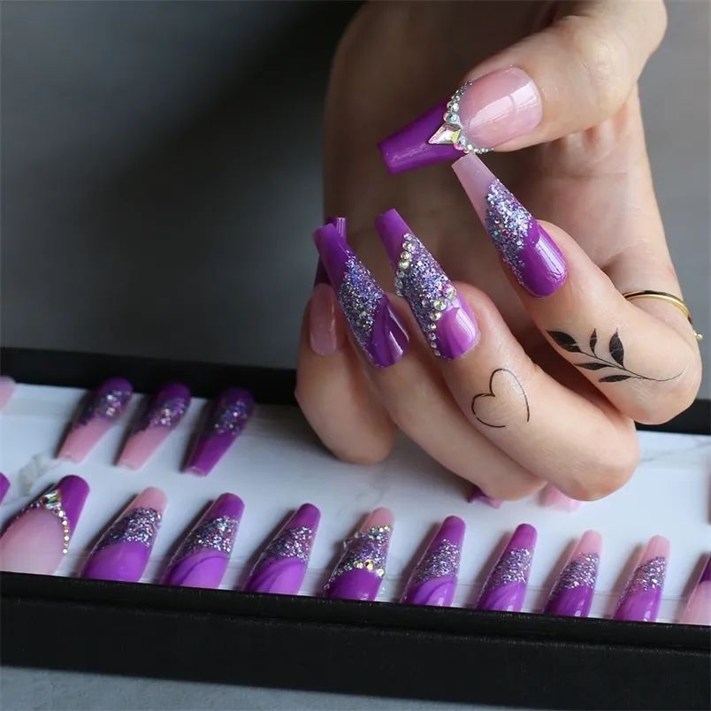 Cercueil de luxe paillettes violet clair faux ongles avec cristaux Gel rose longs faux ongles français allonger 220726