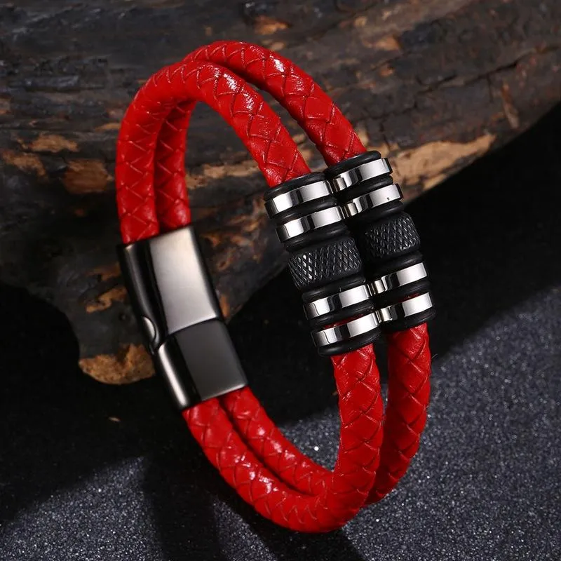 Charm Bracelets Special Design Double Layer Woven Leather Rope Bracelet For Men Jewelry Stainless Steel Beads Men's Fashion Party Bangle