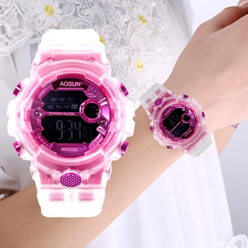 Montres-bracelets Étanche Enfants Montre De Sport Pour Filles Garçons Adolescents Enfant Femmes Horloges Électroniques Numériques Montre-Bracelet Transparent Jelly Waterproo